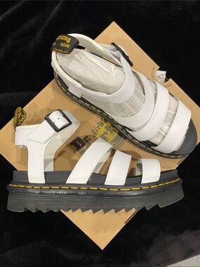 Dr. Martens White Leather Strappy Buckle Sandals with Black Sole